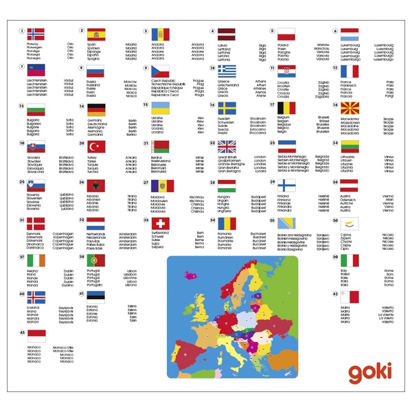 Rückseite vom Europa Puzzle mit allen Nationen, Flaggen und Hauptstädten