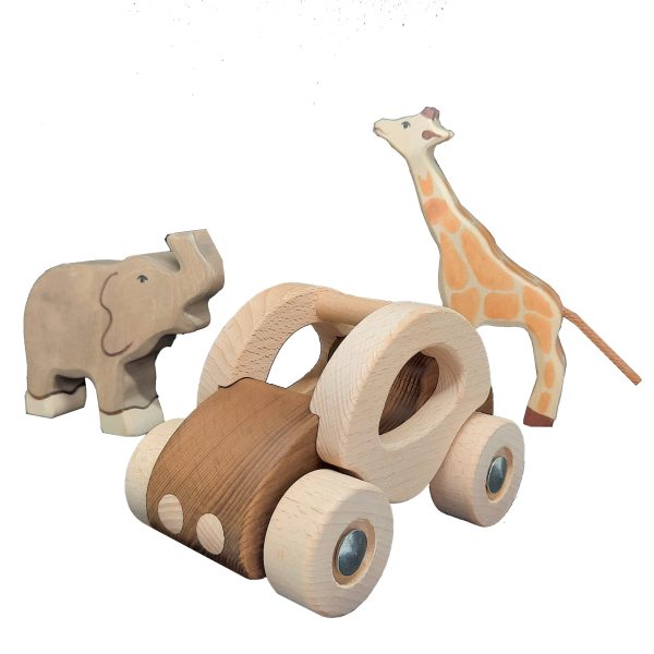 Schiebeauto mit Räder aus Holz, Elefantenfigur und Giraffenfigur aus Holz