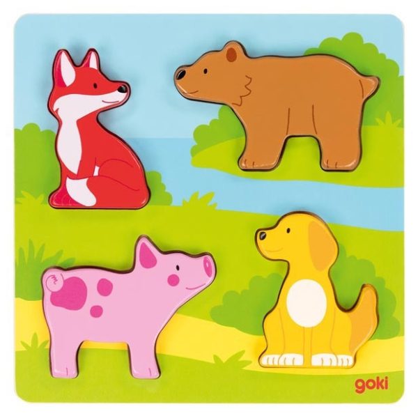 Fühlpuzzle mit den vier Tieren: Fuchs, Bär, Schwein, Hund.