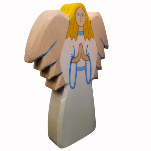 Engelfigur aus Holz in Seitenansicht von Holztiger