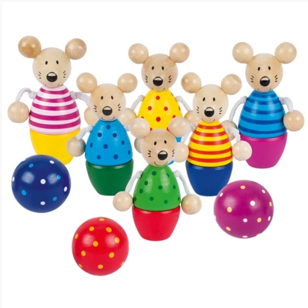 Kegelspiel mit Mäusefiguren aus Holz und Holzkugeln