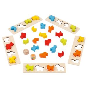Sortierspiel aus Holz mit Tierfiguren in unterschiedlichen Farben